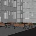 Residential Building Landscape With Trees Wooden Benches Tables Green Shrubs And Paved Area
