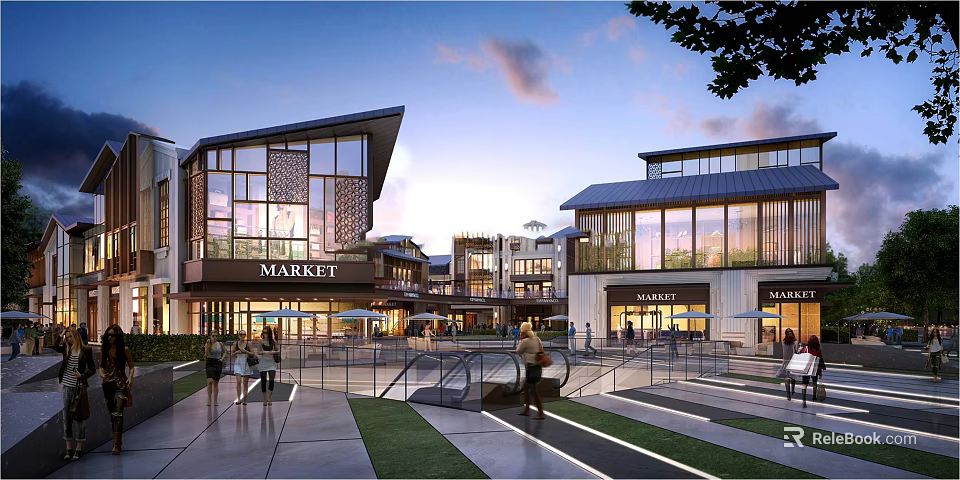 Modern Commercial Plaza With Market Area Pedestrian Walkways And Open Space At Evening 3d model 