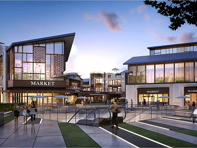 Modern Commercial Plaza With Market Area Pedestrian Walkways And Open Space At Evening 3d model