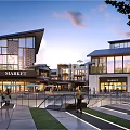 Modern Commercial Plaza With Market Area Pedestrian Walkways And Open Space At Evening