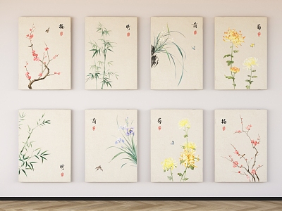 New Chinese Plant Painting Plum, Orchid, Bamboo and Chrysanthemum Fresh Hanging Painting Combination 3d model