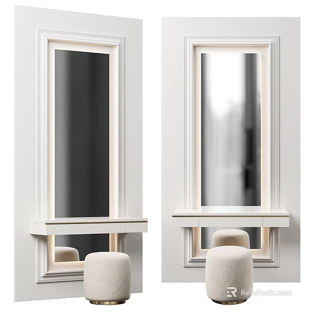 Modern Dressing Table With Lighted Mirror And White Stool Minimalist Design 3d model