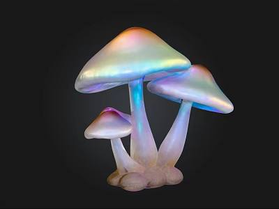 Three Iridescent Mushrooms With Glossy Caps And Shiny Stems On Black Background 3d model