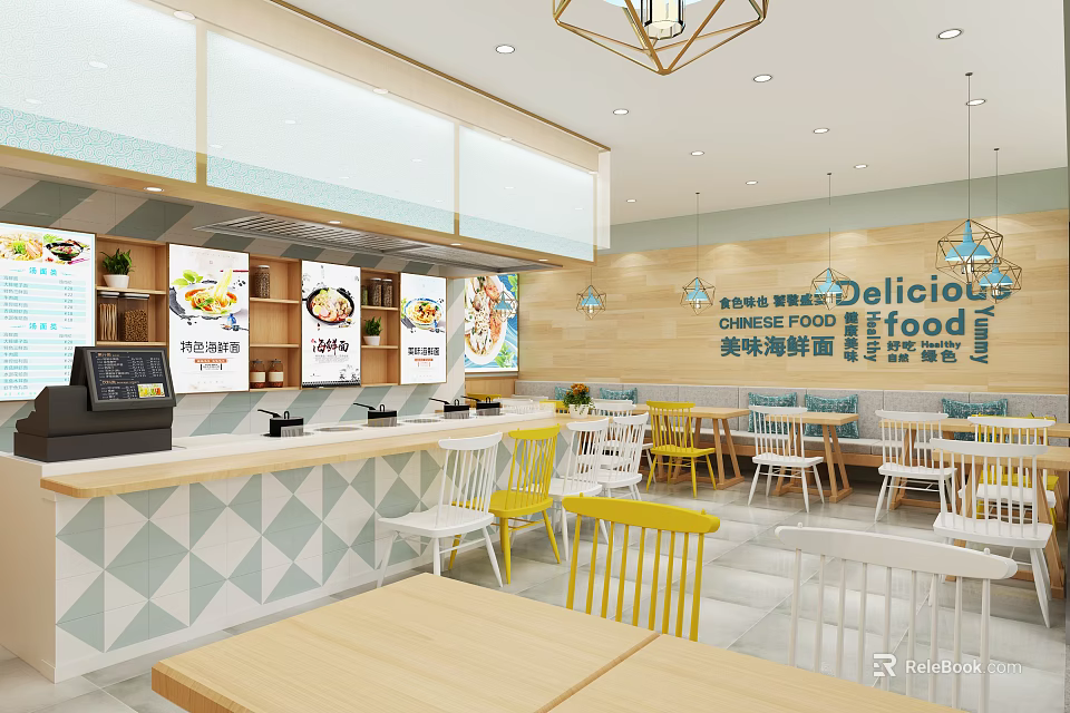 Bright Modern Restaurant Interior With Yellow White Chairs Wooden Counter And Menu Posters 3d model 