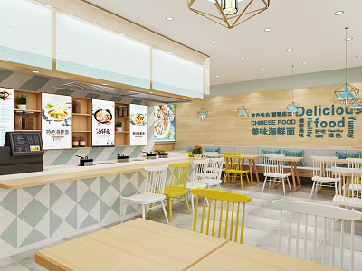 Bright Modern Restaurant Interior With Yellow White Chairs Wooden Counter And Menu Posters 3d model