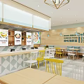 Bright Modern Restaurant Interior With Yellow White Chairs Wooden Counter And Menu Posters