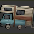 Vintage Blue And Beige Camper Van With Extended Roof Rectangular Windows And Wooden Paneling