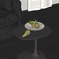 White Patterned Ceramic Plate With Pears On Black Round Side Table In Living Room 3d model