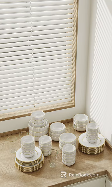 Stacked White Tableware Set by Window with White Blinds and Wooden Frame 3d model
