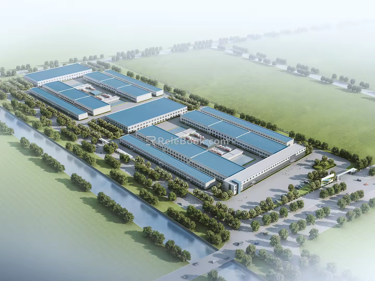Bird's-eye view of modern factory building 3d model