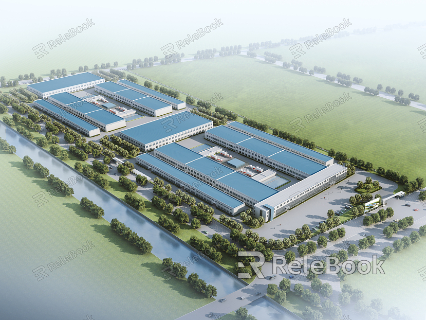 Bird's-eye view of modern factory building model