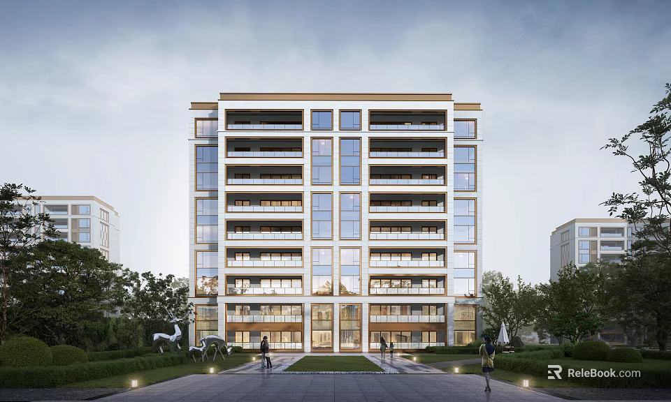 Modern High Rise Residential Building With Light Facade Glass Windows Landscaped Garden And Pedestrians 3d model 