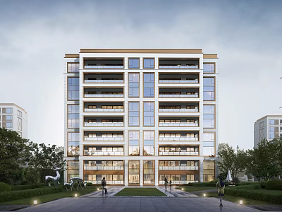 Modern High Rise Residential Building With Light Facade Glass Windows Landscaped Garden And Pedestrians 3d model