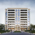 Modern High Rise Residential Building With Light Facade Glass Windows Landscaped Garden And Pedestrians