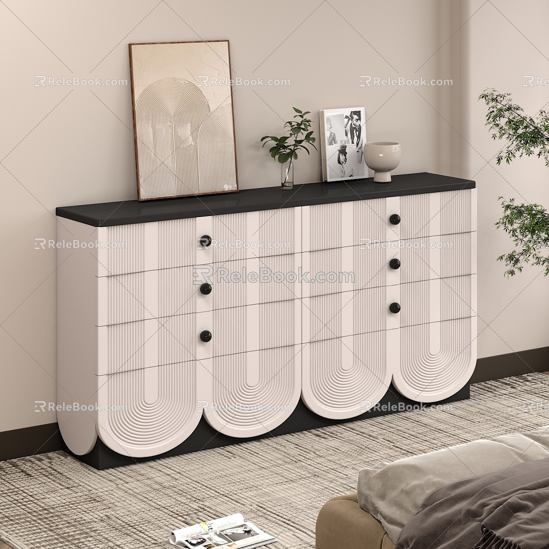 Cream Style Bedroom Bed Bucket Cabinet Storage Cabinet Drawer Decorative Painting Side Cabinet Decorative Cabinet Green Plant Book Decoration Carpet Panel Furniture Design 3d model