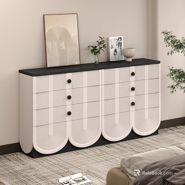 Modern White Black Dresser With Arched Drawers Black Handles And Decorative Wall Art Potted Plant 3d model 