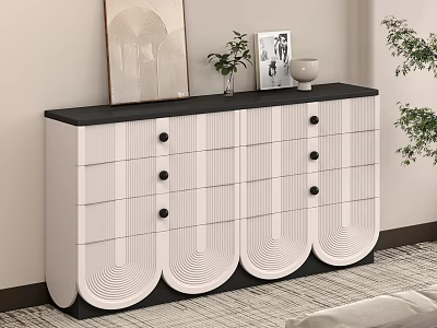 Modern White Black Dresser With Arched Drawers Black Handles And Decorative Wall Art Potted Plant 3d model