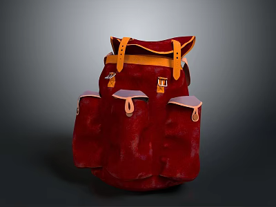 Stylish Red Backpack With Yellow Accents Multiple Pockets And Leather Buckles 3d model