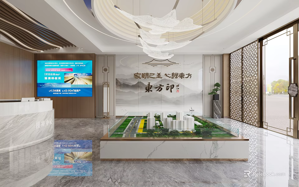 Sales Office Interior With Building Model Large Screen And Elegant Chandelier Decor 3d model 