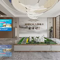 Sales Office Interior With Building Model Large Screen And Elegant Chandelier Decor