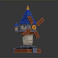 Colorful Windmill Tower Model With Blue Spire Orange Blades Yellow Tip And Red Brick Base
