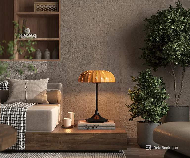 Cozy Table Lamp On Wooden Shelf With Sofa Pillows Candles Books And Green Plants 3d model 