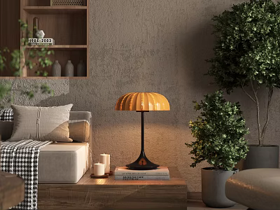 Cozy Table Lamp On Wooden Shelf With Sofa Pillows Candles Books And Green Plants 3d model