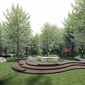 Serene Park Landscape With Curved Wooden Deck White Chairs Tables Green Lawn And Tall Trees