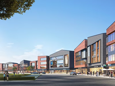 Lively Modern Commercial Street With Red Brick Gray Walls Glass Windows Pedestrians Cars And Greenery 3d model