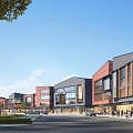 Lively Modern Commercial Street With Red Brick Gray Walls Glass Windows Pedestrians Cars And Greenery