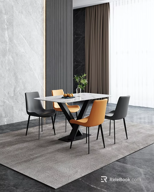 Modern Dining Table Set Featuring White Tabletop Black Base And Orange Gray Chairs 3d model