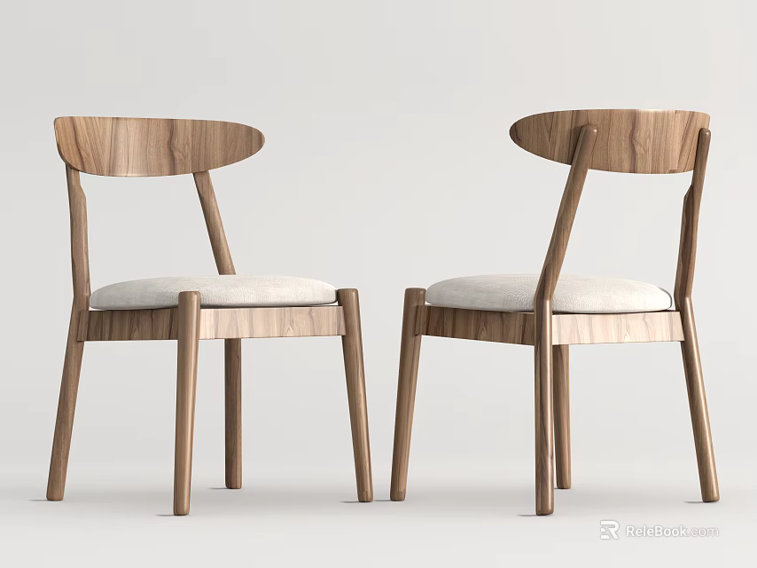 Two Modern Wooden Dining Chairs with Curved Backrest and Upholstered Seat 3d model 