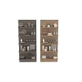 Stylish Dinnerware Set Display on Wooden Shelves with Plates Mugs Glasses Bowls and Bottles