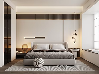 Modern Bedroom Interior With Bed Linear Wall Light Bedside Tables Lamps And Area Rug 3d model