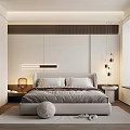 Modern Bedroom Interior With Bed Linear Wall Light Bedside Tables Lamps And Area Rug