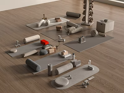 Assorted Sports Equipment With Yoga Mats Foam Rollers Dumbbells And Fitness Blocks On Wooden Floor 3d model