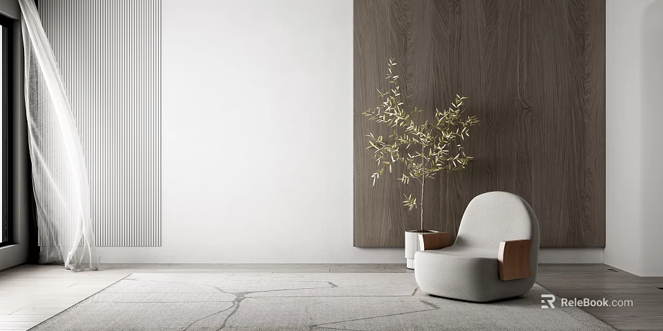 Light Gray Single Sofa In Modern Interior With Golden Plant Wooden Panel And Light Carpet 3d model 