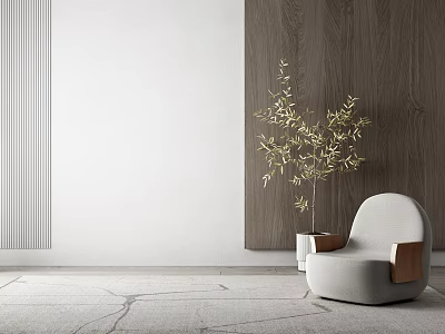 Light Gray Single Sofa In Modern Interior With Golden Plant Wooden Panel And Light Carpet 3d model