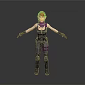 Woman with red hair wearing tactical black vest gray pants and gloves on gray background
