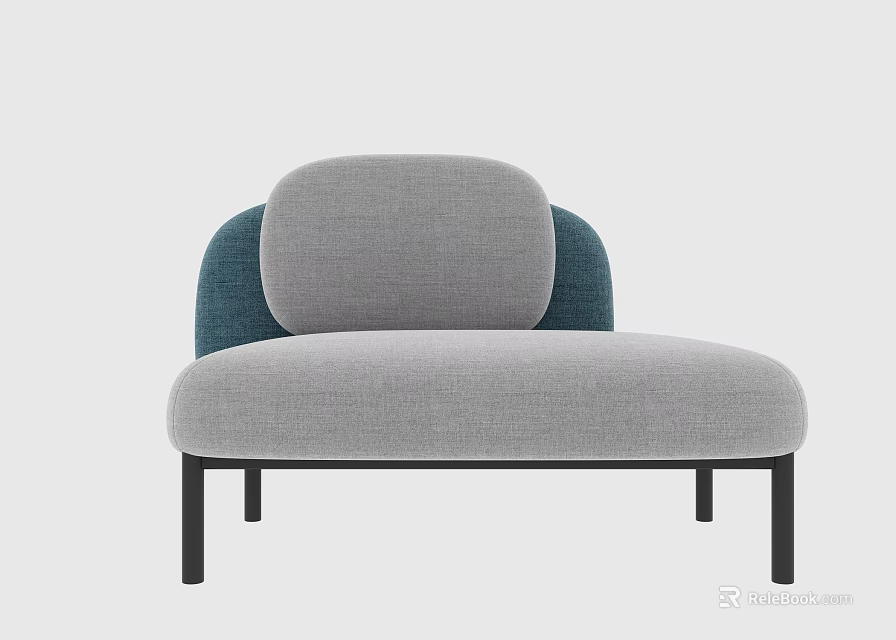 Modern Gray Sofa Bench With Blue Rounded Backrest And Black Legs 3d model 