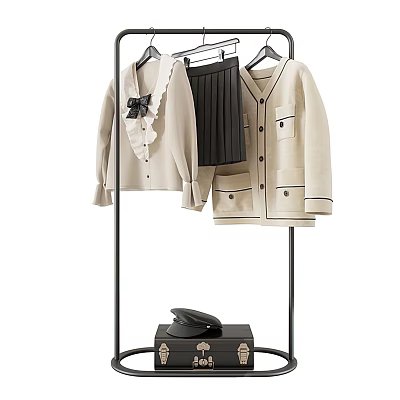 Elegant Clothing Rack With Beige Coat Black Pleated Skirt And Vintage Handbag 3d model