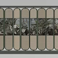 Elegant Multi Panel Screen with Floral Plant Patterns and Green Grid Frame 3d model