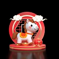 Red Circular Inflatable with White Pony Figure Cloud Ornaments Red Lanterns on Red Platform Base 3d model