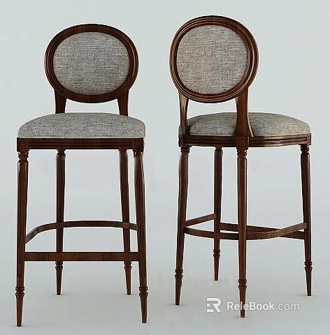Classic Wooden Frame Bar Stools with Round Backrest and Upholstered Seat 3d model 
