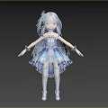 Anime Woman With Long Lavender Hair Blue White Layered Dress White Stockings And Blue Shoes