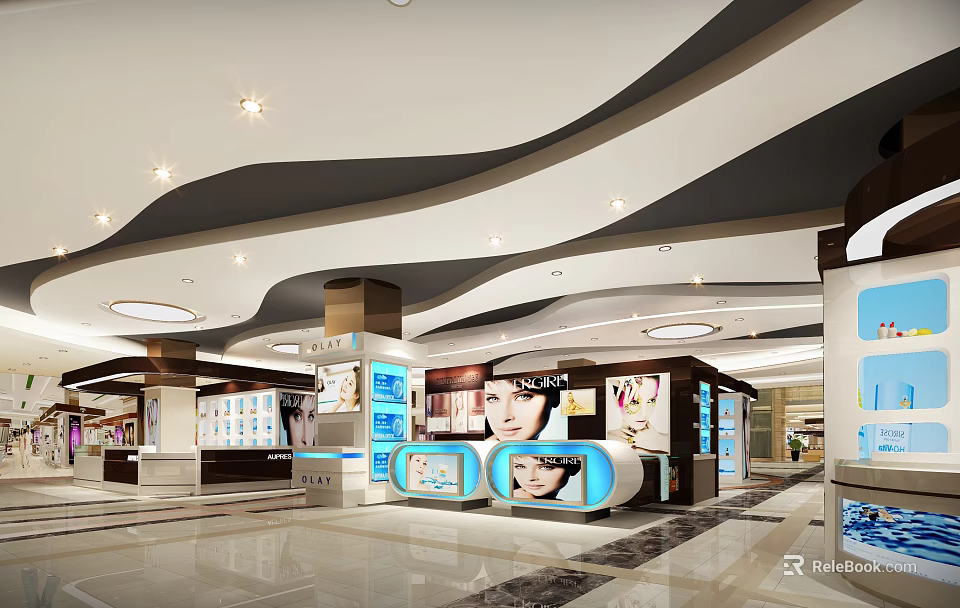 Modern Cosmetics Retail Store Interior With Display Counters And Product Shelves 3d model 
