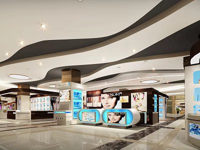 Modern Cosmetics Retail Store Interior With Display Counters And Product Shelves 3d model