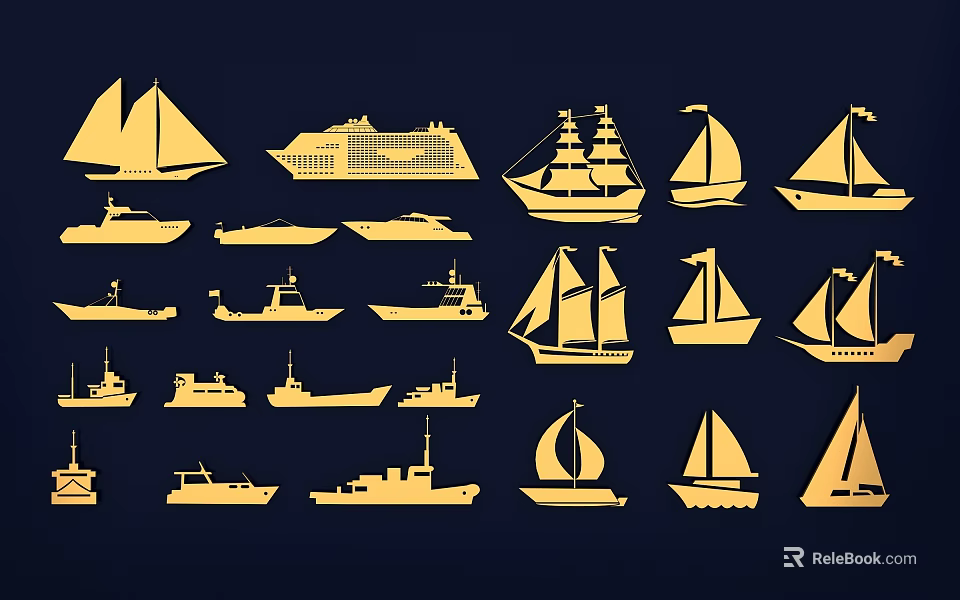 Golden Sailboats Silhouettes Collection Featuring Various Types On Dark Blue Background 3d model 