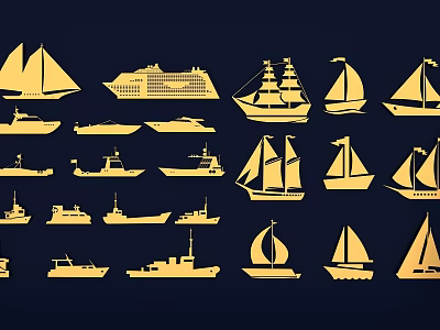 Golden Sailboats Silhouettes Collection Featuring Various Types On Dark Blue Background 3d model