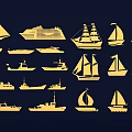 Golden Sailboats Silhouettes Collection Featuring Various Types On Dark Blue Background